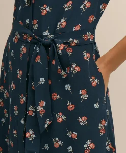 Viscose Floral Short-Sleeve Belted Shirt Dress
