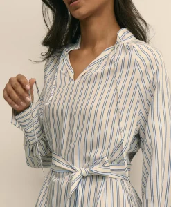Viscose Pullover Striped Belted Shirt Dress