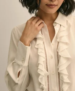 Viscose Ruffle Open-Stitch Placket Blouse