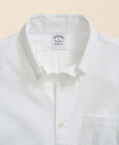 Washed Cotton Seersucker Button-Down Collar Sport Shirt