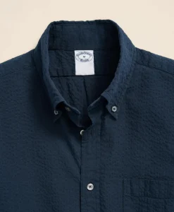 Washed Cotton Seersucker Button-Down Collar Sport Shirt