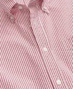 Washed Cotton Seersucker Button-Down Collar, Stripe Short-Sleeve Sport Shirt