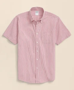 Washed Cotton Seersucker Button-Down Collar, Stripe Short-Sleeve Sport Shirt