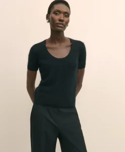 Wool-Cashmere Blend Brushed Short-Sleeve Sweater Shell